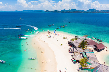 AERIAL. Top view of tropical island with white sandy beach , Khai island, Phuket, Thailand. - obrazy, fototapety, plakaty