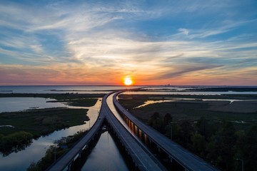 Aerial view of Mobile Bay at sunset 