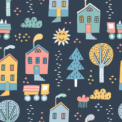 Childish seamless pattern with old buildings, cars, and trees. Good for kids fabric, textile, nursery wallpaper. Seamless city landscape. Scandinavian style. Dark background.