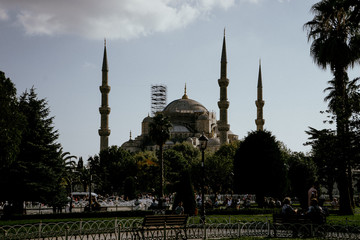 Fototapeta na wymiar ISTANBUL, TURKEY - SEPTEMBER 2018: Blue mosque at sunset in full-length silhouette