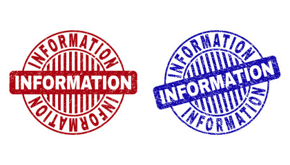 Grunge INFORMATION round stamp seals isolated on a white background. Round seals with grunge texture in red and blue colors. Vector rubber overlay of INFORMATION title inside circle form with stripes.