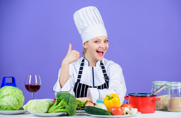 Turn ingredients into delicious meal. Culinary skills. Woman chef wear hat apron near table ingredients. Girl adorable chef teach culinary. Best culinary recipes to try at home. Perfect recipe