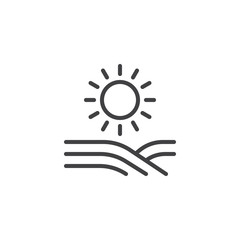Sun and field line icon. Agricultural landscape linear style sign for mobile concept and web design. Sunrise and farm field outline vector icon. Farming symbol, logo illustration. Pixel perfect vector