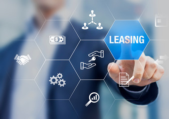 Leasing business concept with icons about contract agreement between lessee and lessor over the rent of an asset as car, vehicle, land, real estate or equipment, or buy, professional businessman - obrazy, fototapety, plakaty