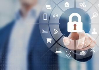 Cybersecurity on internet with person touching interface with icons of wireless network connection...