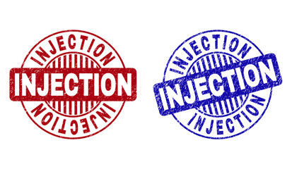 Grunge INJECTION round stamp seals isolated on a white background. Round seals with grunge texture in red and blue colors. Vector rubber imprint of INJECTION tag inside circle form with stripes.