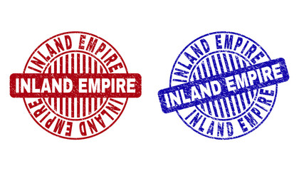 Grunge INLAND EMPIRE round stamp seals isolated on a white background. Round seals with grunge texture in red and blue colors.