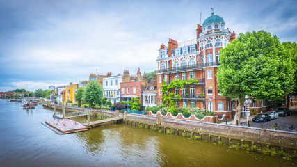 Naklejka premium Panoramic view of Hammersmith riverside houses, London