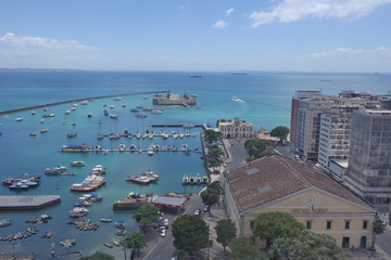 View of Lacerda Elevator and All Saints Bay (Baia de Todos os Santos) in Salvador, Bahia, Brazil