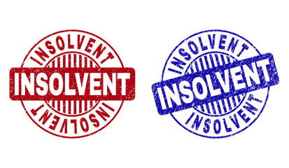 Grunge INSOLVENT round stamp seals isolated on a white background. Round seals with grunge texture in red and blue colors. Vector rubber overlay of INSOLVENT label inside circle form with stripes.