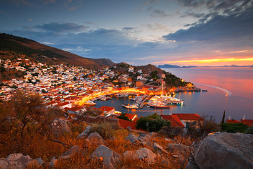Evening view of Hydra town and its harbour.