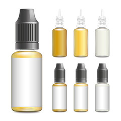Realistic vector illustration of plastic bottles of e-liquid for vaping, with neutral empty label. isolated on white background.