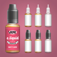 Realistic vector illustration of plastic bottles of e-liquid for vaping. Template for e-liquid label