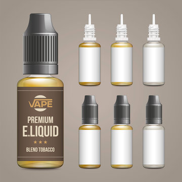 Realistic vector illustration of plastic bottles of e-liquid for vaping. Template for e-liquid label