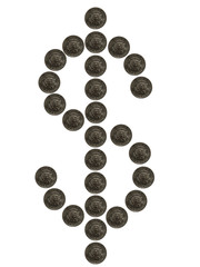 A dollar sign made of USA half dollar coins isolated on white