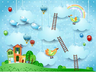 Surreal landscape with village, stairways, balloons, birds and flying fishes
