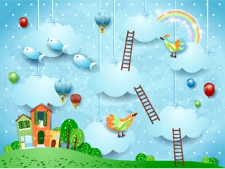 Cercles muraux Bleu clair Surreal landscape with village, stairways, balloons, birds and flying fishes