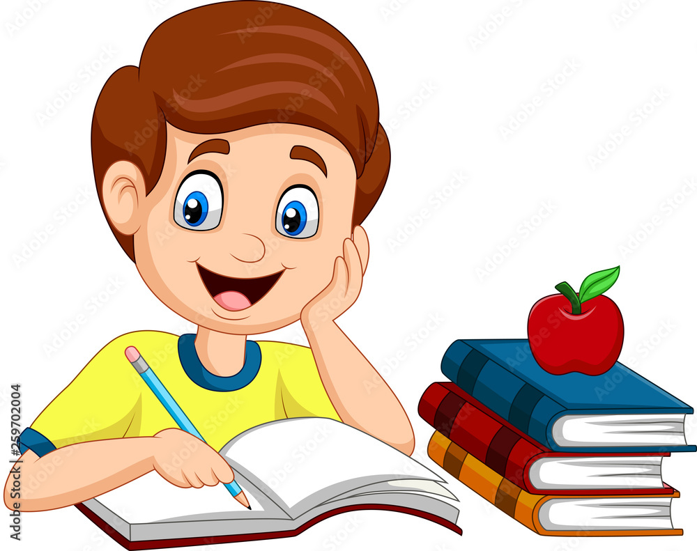 Sticker cartoon little boy studying