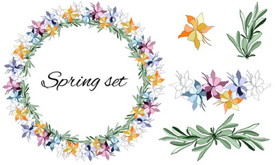 Set of floral patterns Vector wreath of colorful flowers and green leaves. Vector brushes for decorating cards, designer greetings