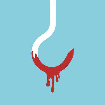 Bloody slaughter hook in slaughterhouse - bloodstained tool and eqipment for butcher. Vector illustration