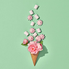 Marshmallow, Meringue, Flowers. Ice Cream Cone with Candies Sweets. Spring Party, Birthday concept. Bright Summer Color. Trendy fashion Style. Minimal. Art