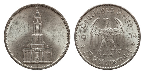 Five mark coin silver germany 1934, front garrison church in Potsdam, reverse eagle