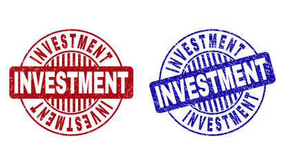 Grunge INVESTMENT round stamp seals isolated on a white background. Round seals with grunge texture in red and blue colors. Vector rubber imprint of INVESTMENT text inside circle form with stripes.