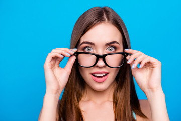 Close up photo beautiful amazing she her lady look smart ecstatic eyes take specs off open mouth...