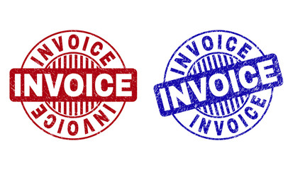 Grunge INVOICE round stamp seals isolated on a white background. Round seals with grunge texture in red and blue colors. Vector rubber overlay of INVOICE tag inside circle form with stripes.