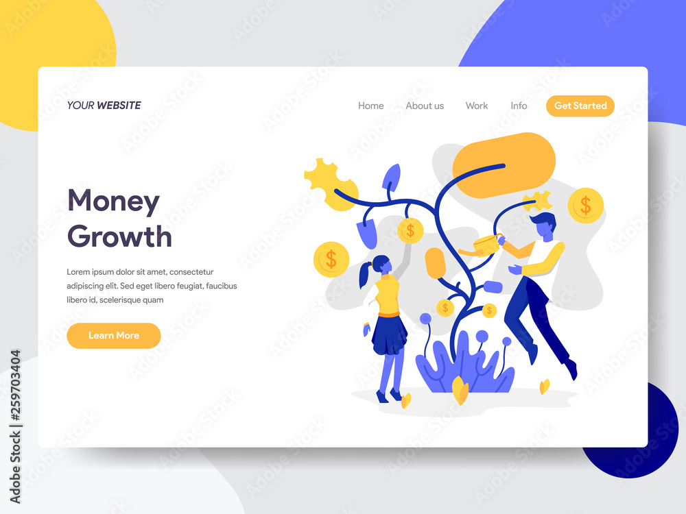 Poster landing page template of tree money growth illustration concept. flat design concept of web page des