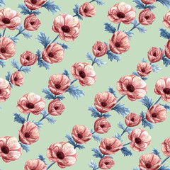 Pink anemones seamless pattern. Hand drawn watercolor illustration. Fashion and trendy woman style. Raster format. 
