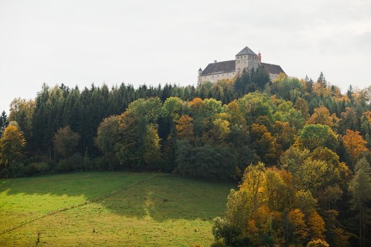 Austrian Castle Krumbach during autumn - Medieval object in forest