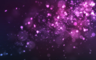 Abstract purple glitter light and bokeh falling on dark background