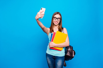 Close up photo beautiful amazing she her lady hold study applies back bag telephone hand arm make...