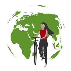 illustration of a woman with bicycle on world map in background