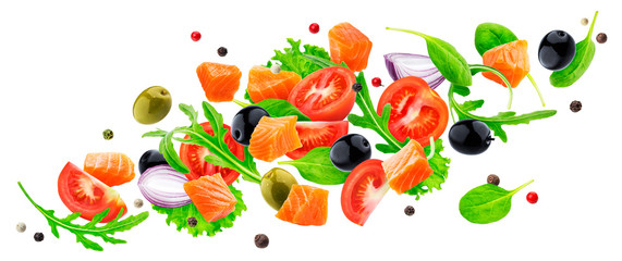Flying salmon salad isolated on white background with clipping path