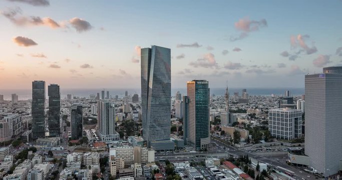 Tel Aviv Skyline at Sunset, day to night time lapse.