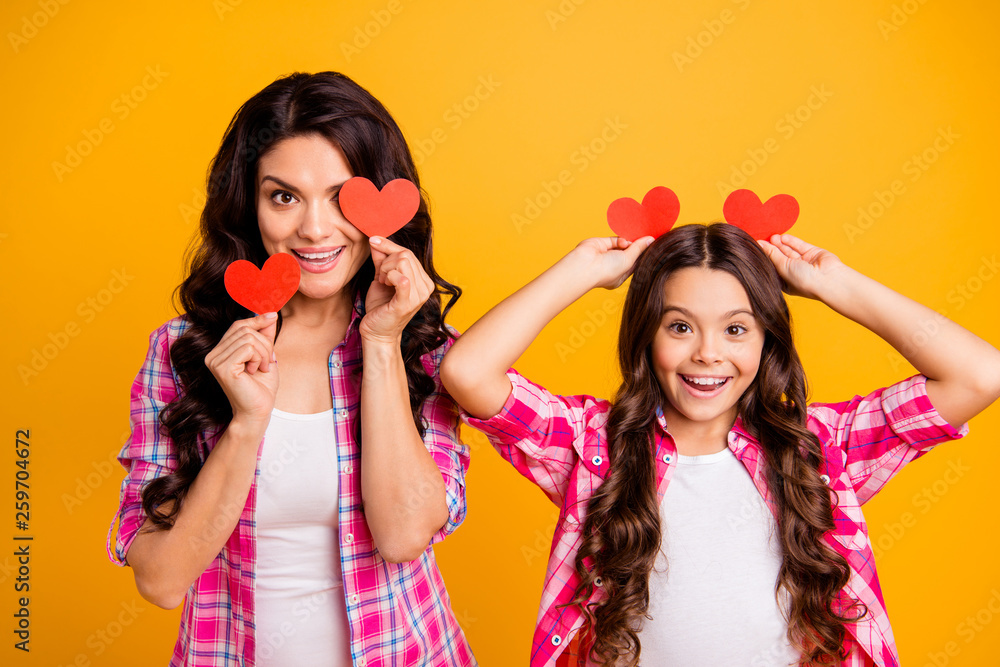 Sticker close up photo of funny funky stylish hispanic mum kid prepare 14-february enjoy event feel satisfie