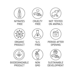 Vector set of logos, badges and icons for natural eco friendly handmade products, organic cosmetics, vegan and vegetarian food isolated on white background. Eco safe sign design.