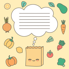 cute lovely shopping list vector printable illustration with paper grocery bag and veggies
