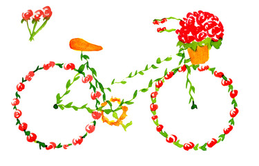 Flower bike. Hand drawn watercolor illustration on paper. Green red yellow bicycle with roses, peonies, peony. Isolated on white background