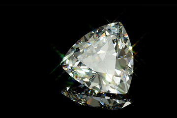 Trilliant cut diamond on black glossy background.