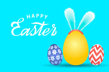 Easter holiday greeting card with easter bunny, eggs and hand lettering. vector