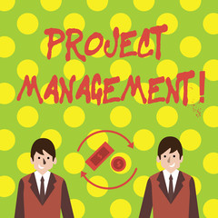 Conceptual hand writing showing Project Management. Concept meaning practice of initiating planning controlling work team Money in Dollar Sign in Rotating Arrows Between Businessmen