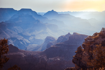 Sunrise morning at Grand Canyon National Park. Fog beautiful landscape