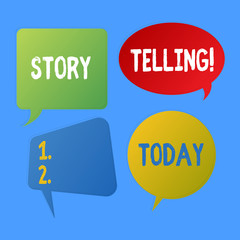 Writing note showing Story Telling. Business concept for activity writing stories for publishing them to public Speech Bubble Sticker in Different Shapes and Multiple Chat