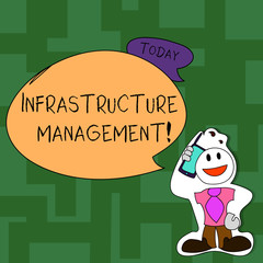 Text sign showing Infrastructure Analysisagement. Business photo text basic physical and organizational structures Smiley Face Man in Necktie Holding Smartphone to his Head in Sticker Style