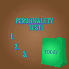 Word writing text Personality Test. Business photo showcasing method used assessing huanalysis demonstratingality constructs Color Gift Bag with Punched Hole but Without Handle on Twotone Blank Space