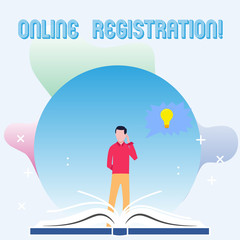 Text sign showing Online Registration. Business photo showcasing System for subscribing or registering via Internet Man Standing Behind Open Book, Hand on Head, Jagged Speech Bubble with Bulb