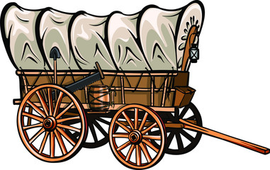 Wild west style wood covered wagon with barrel, shovel, saw and lantern. Hand-drawn western vector. - obrazy, fototapety, plakaty